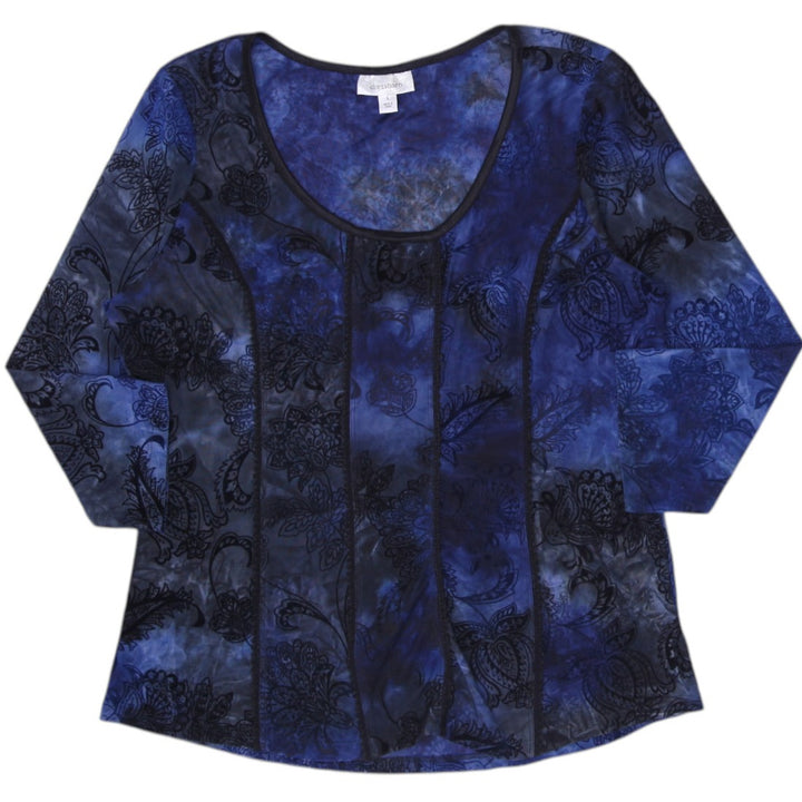 Y2K Ladies Dressbarn Royal Blue Velvet Flock Floral Scoop Neck Top Size L