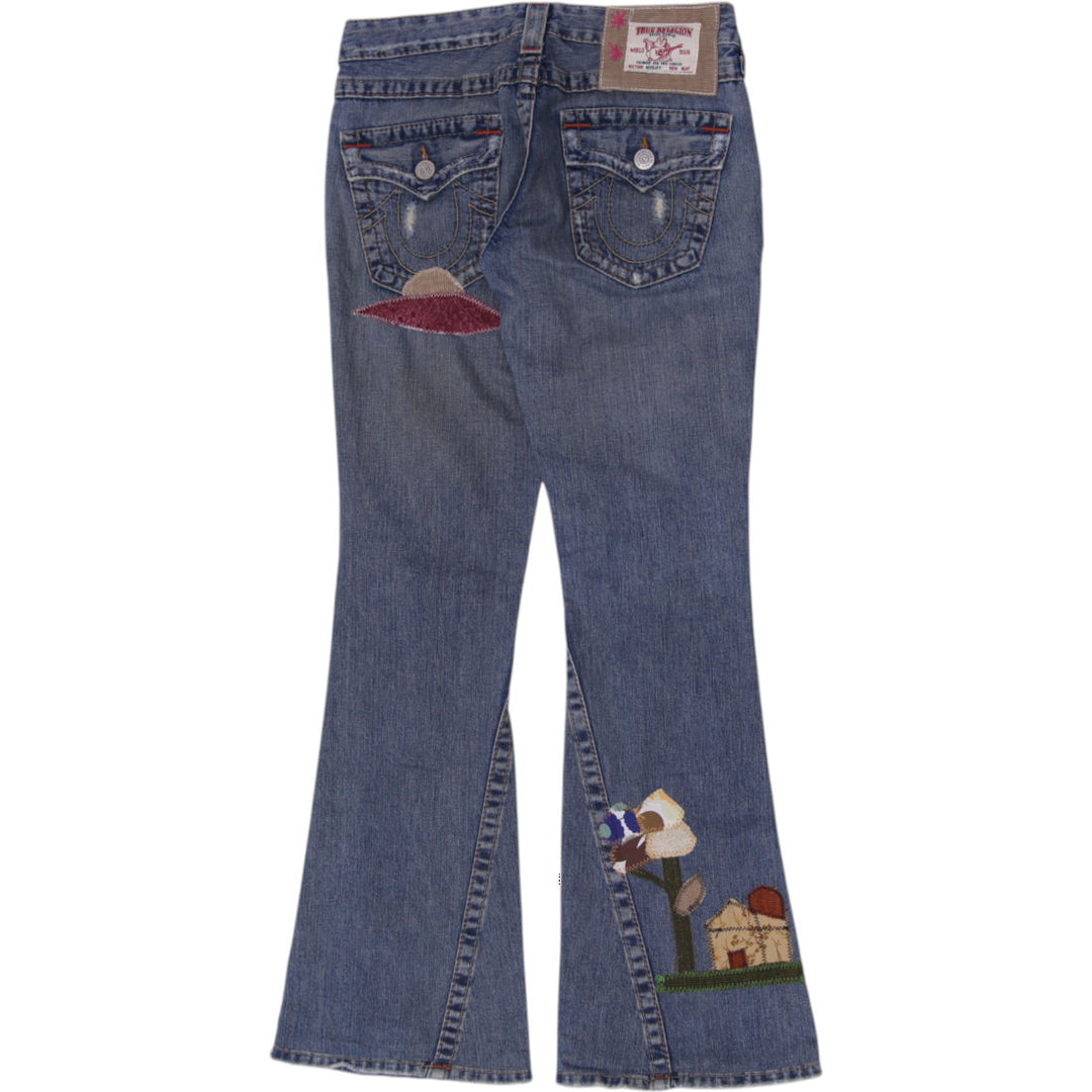 Y2K Ladies True Religion Patchwork Flare Jeans Ashbury Size 27 Made In USA