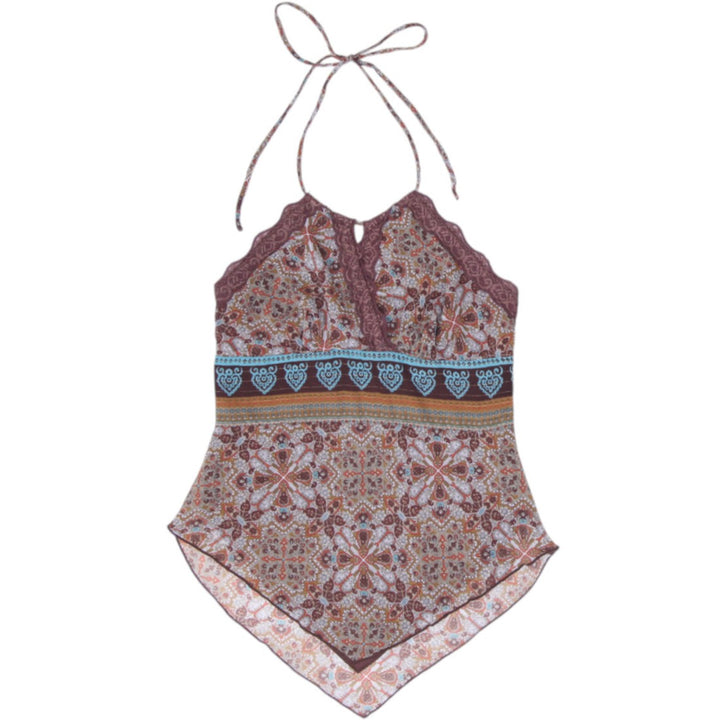 Y2K Ladies Studio 1940 Paisley Bandana Hem Halter Top Brown Earth Tones Size S