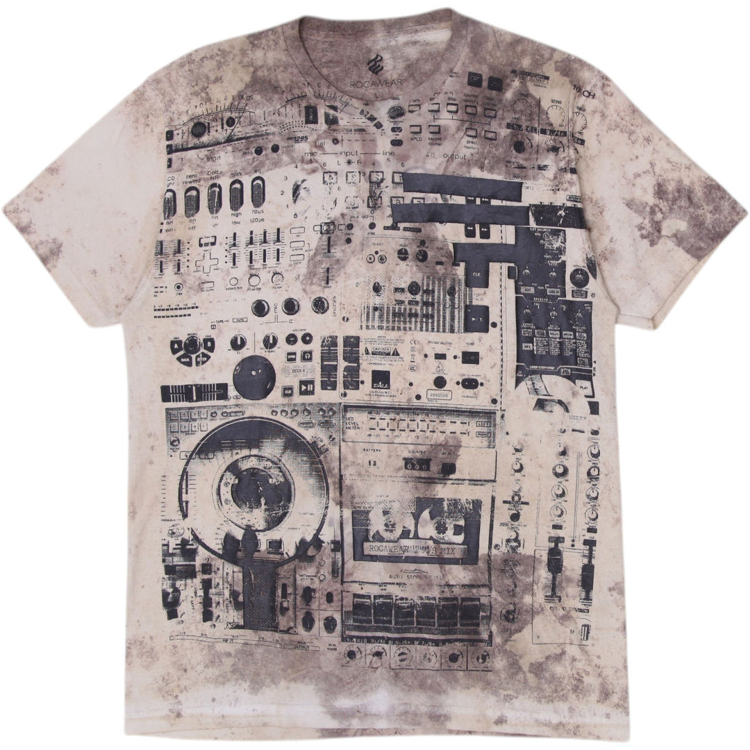 Y2K Mens Rocawear Graphic T-Shirt Beige Distressed Music Print