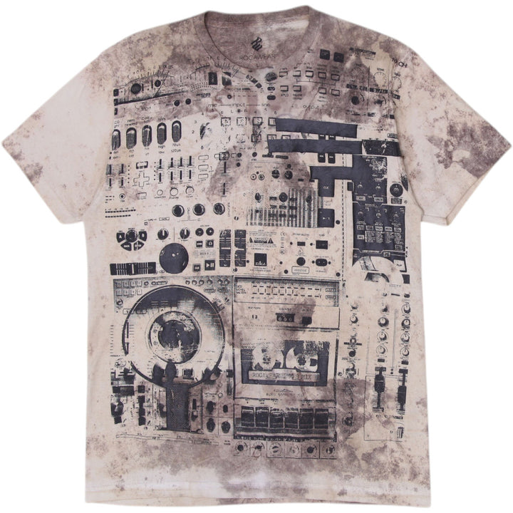 Y2K Mens Rocawear Graphic T-Shirt Beige Distressed Music Print