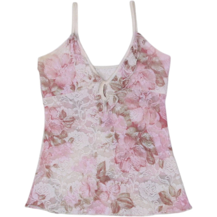 Y2K Ladies Floral Camisole Pink Lace Trim Stretchable Strappy Top
