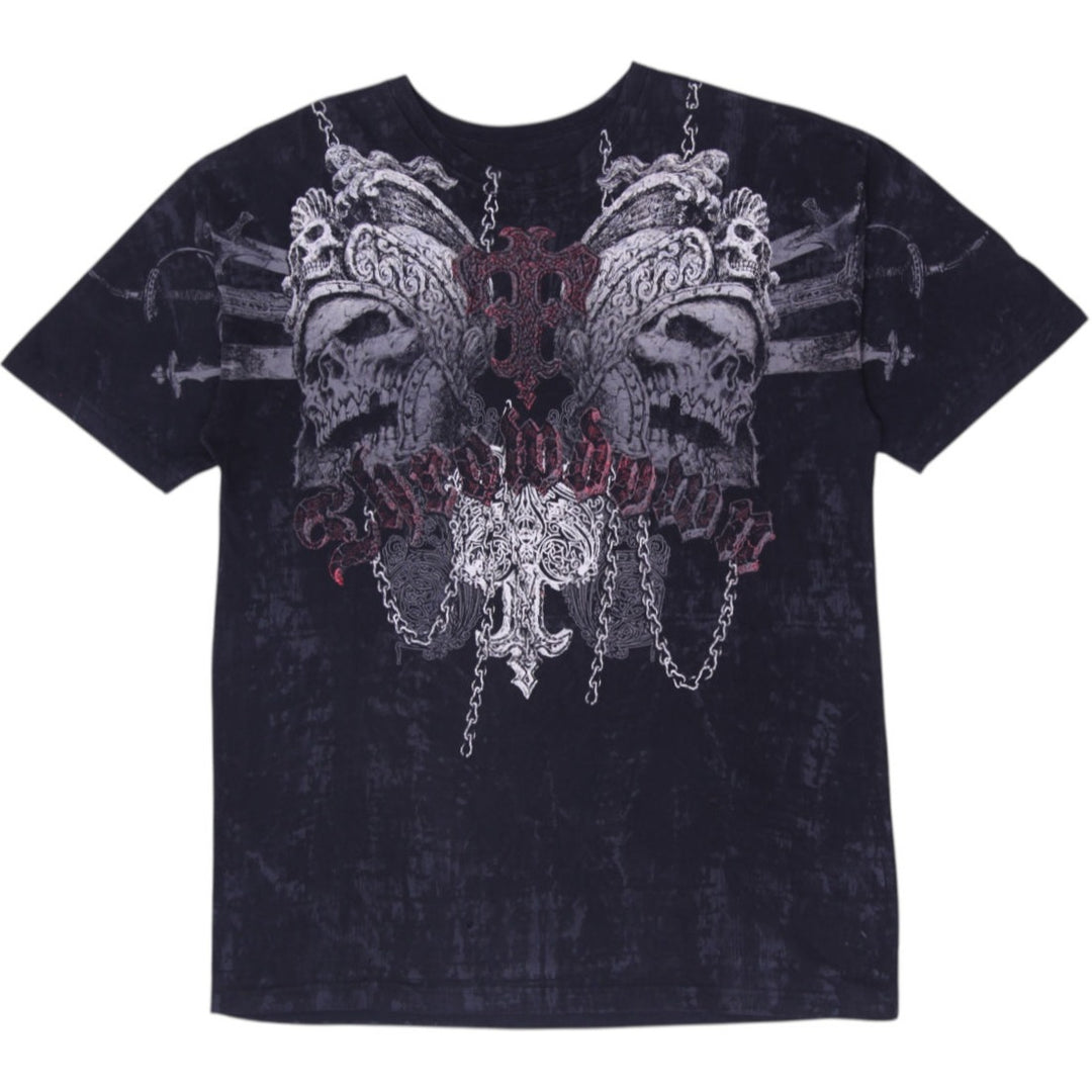 Y2K Mens Throwdown Affliction XL Black Double Sided Skull Cross Graphic T-Shirt
