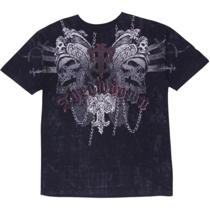 Y2K Mens Throwdown Affliction XL Black Double Sided Skull Cross Graphic T-Shirt