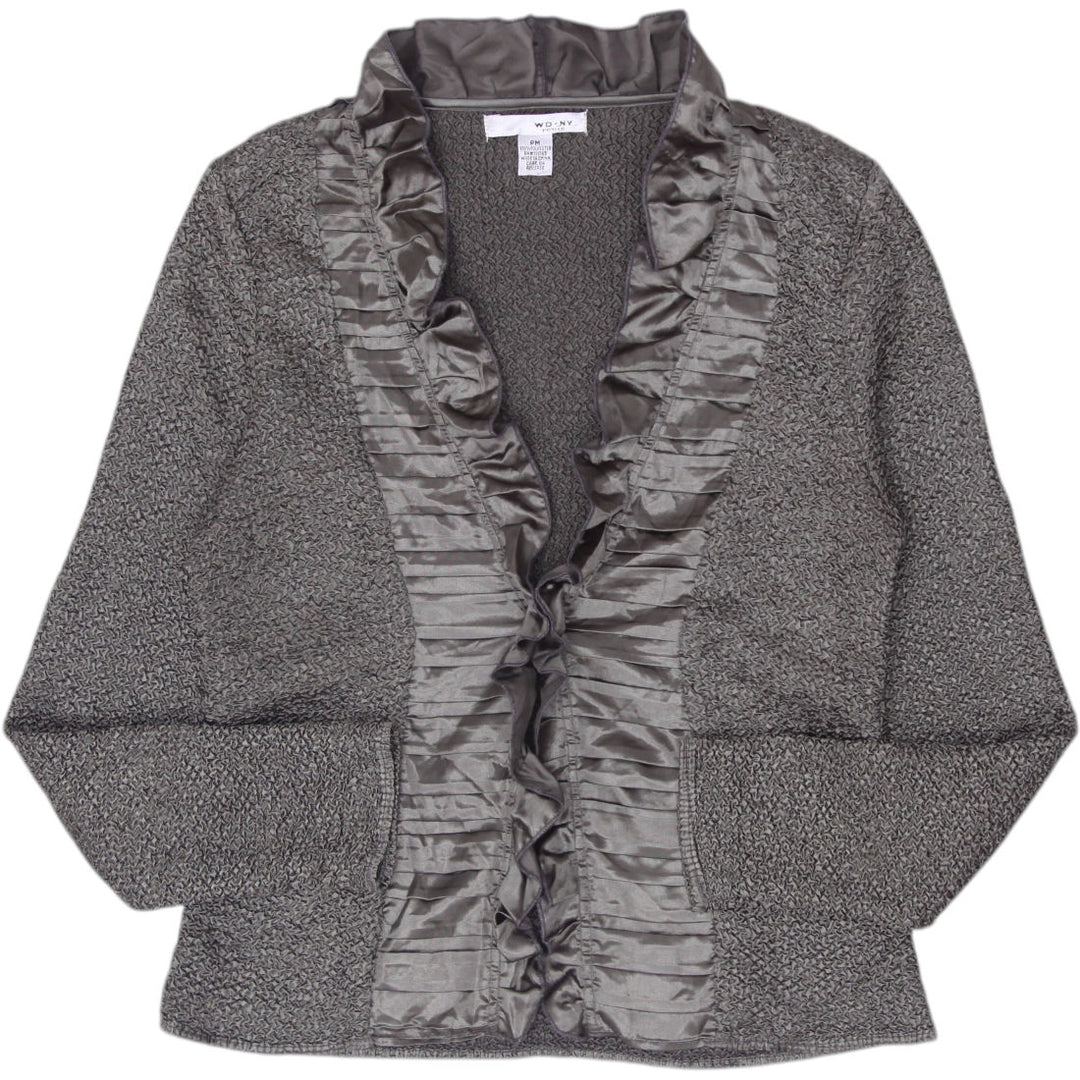 Y2K Ladies WD NY Satin Ruffle Tie Front Textured Cardigan Top Size PM