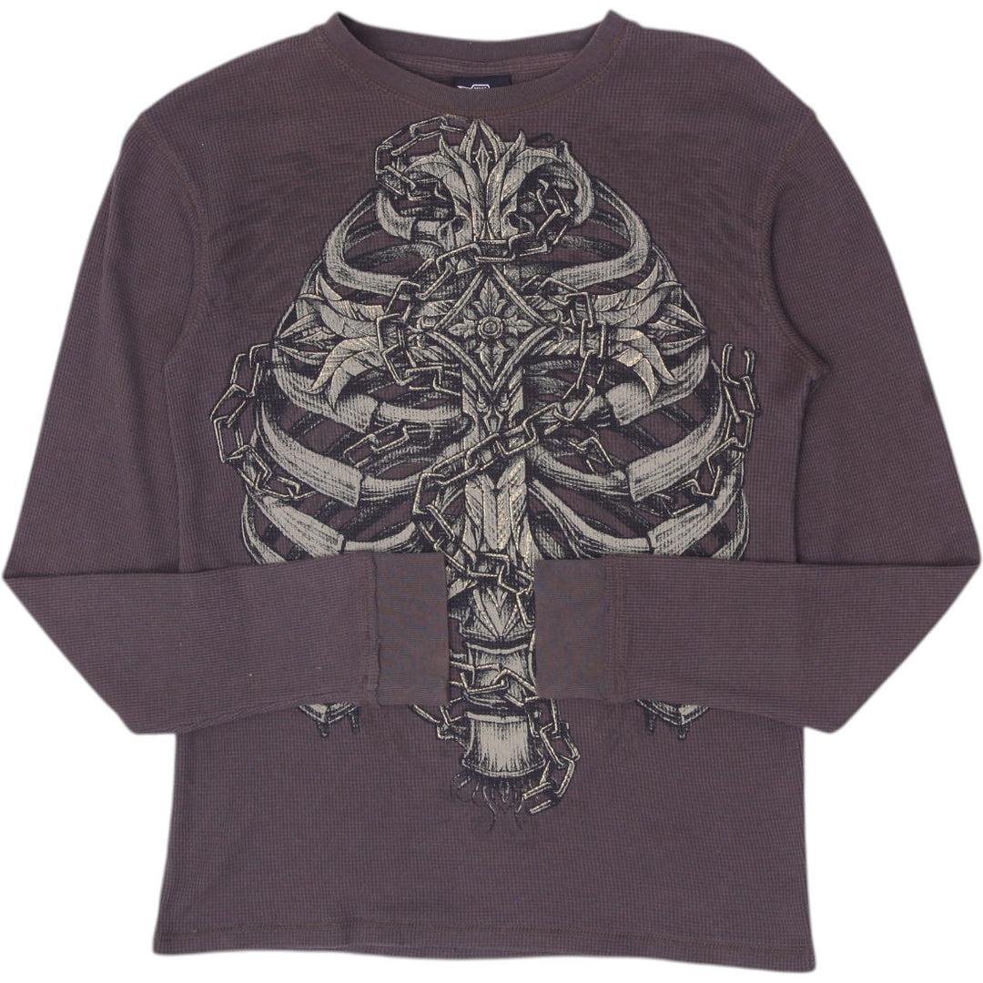 Y2K Mens MMA Elite Double-Sided Skeleton Spine & Angel Wings Long Sleeve T-Shirt