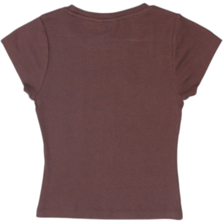 Y2K Ladies Guess Los Angeles Brown Ribbed Knit Short Sleeve Baby Tee Top Size S
