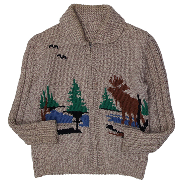 Vintage 60s Cowichan Moose Hunting Wool Knit Shawl Sweater Alaskan Jacket