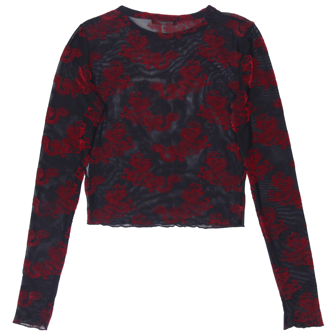 Y2K Mesh Dragon Felt Print Long Sleeve Top - Fashion Rerun Vintage Migration_Tops