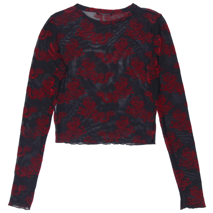 Y2K Mesh Dragon Felt Print Long Sleeve Top - Fashion Rerun Vintage Migration_Tops