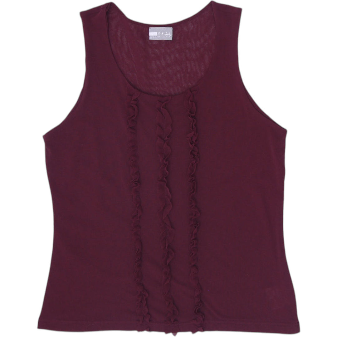 Y2K Ladies S.E.A. L Plum Burgundy Sheer Mesh Ruffle Tank Top Burgundy Size M/L