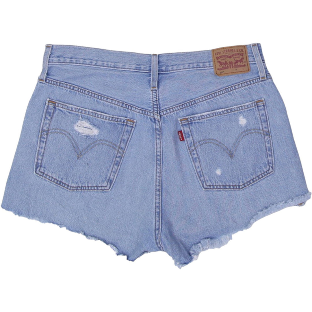 Ladies Levis 501 Denim Shorts Light Blue Distressed Raw Hem