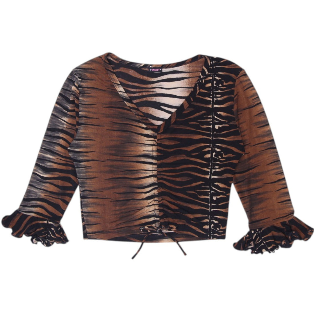 Y2K Ladies Yahoo Tiger Striped Animal Print V-Neck Bell Sleeve Ruffle Crop Top