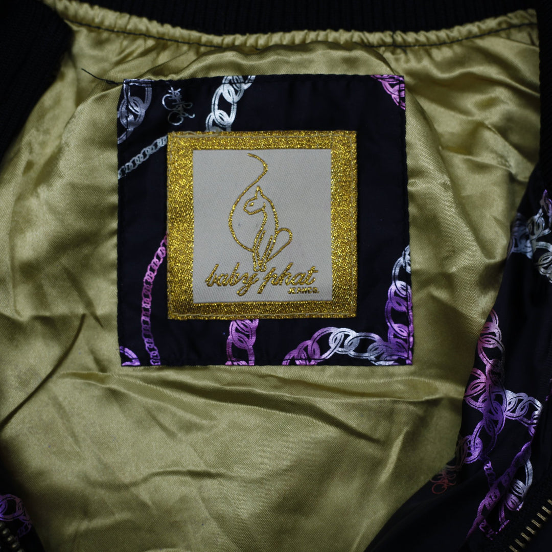 Y2K Ladies  Baby Phat Bomber Jacket Black Chain Pattern Lightweight M