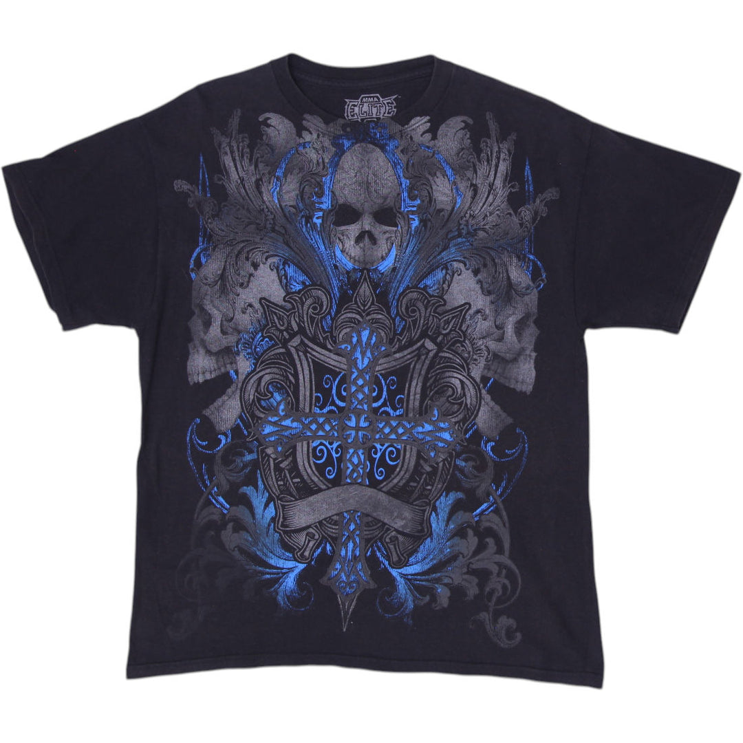 Y2K Mens MMA Elite Skulls Cross Tribal Cyber Grunge T-Shirt Size L