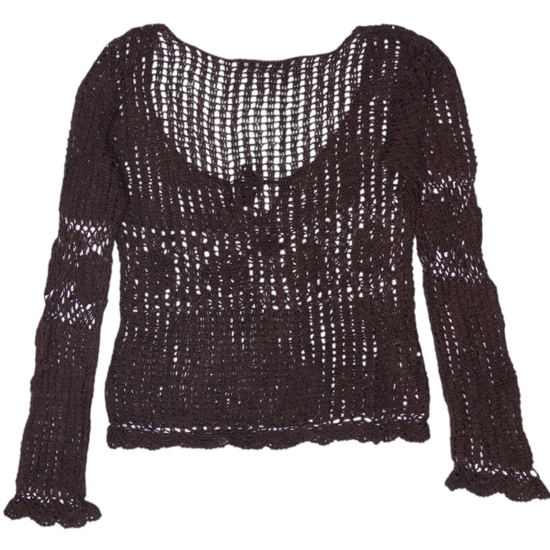 Y2K Ladies Bette Paige Chocolate Brown Crochet Open Knit Top Size XL