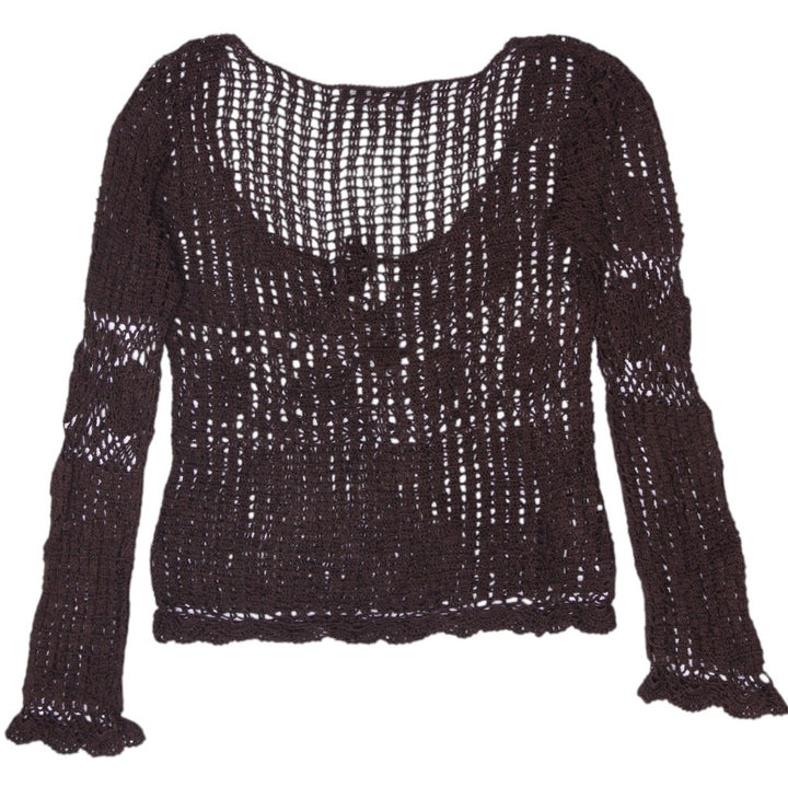 Y2K Ladies Bette Paige Chocolate Brown Crochet Open Knit Top Size XL
