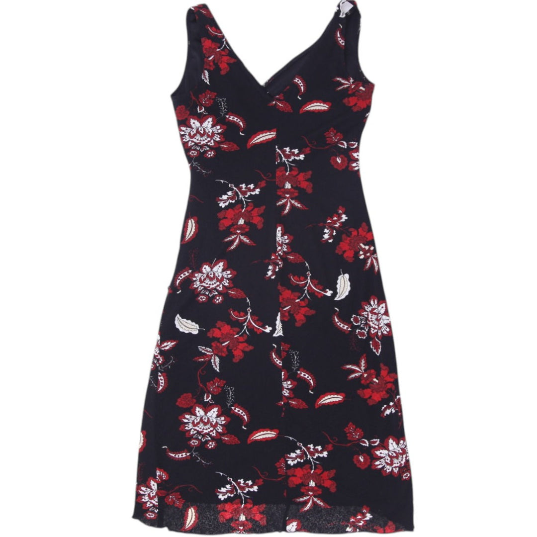 Y2K Ladies Floral Dress Black Red V-Neck Sleeveless Midi