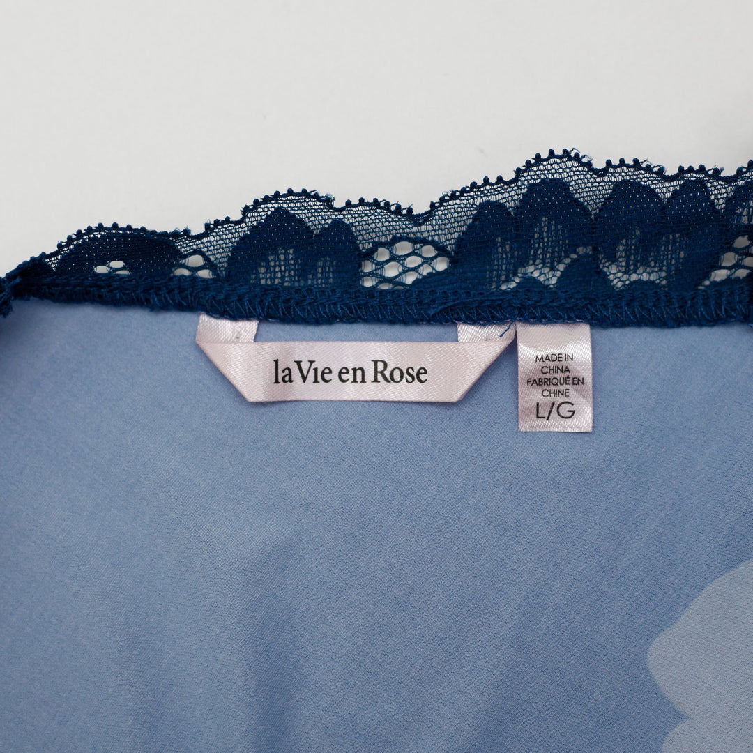 Y2K La Vie En Rose Blue Floral Cami Tank Top Large Lace Trim Strappy Cross Back