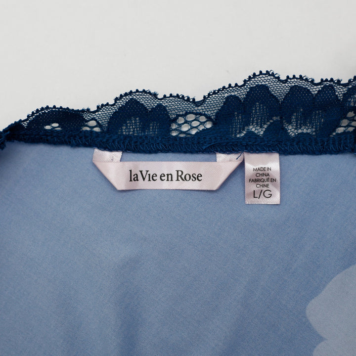 Y2K La Vie En Rose Blue Floral Cami Tank Top Large Lace Trim Strappy Cross Back
