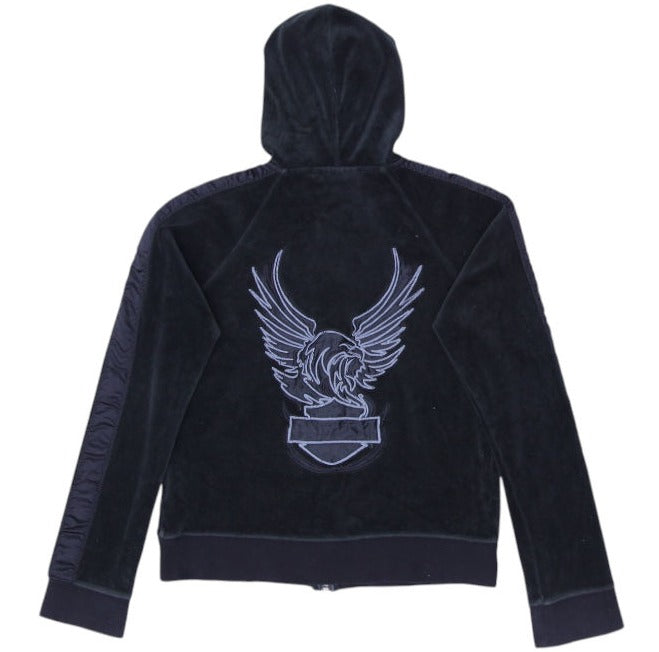 Y2K Ladies Harley Davidson Full Zip Black Velour Hoodie S
