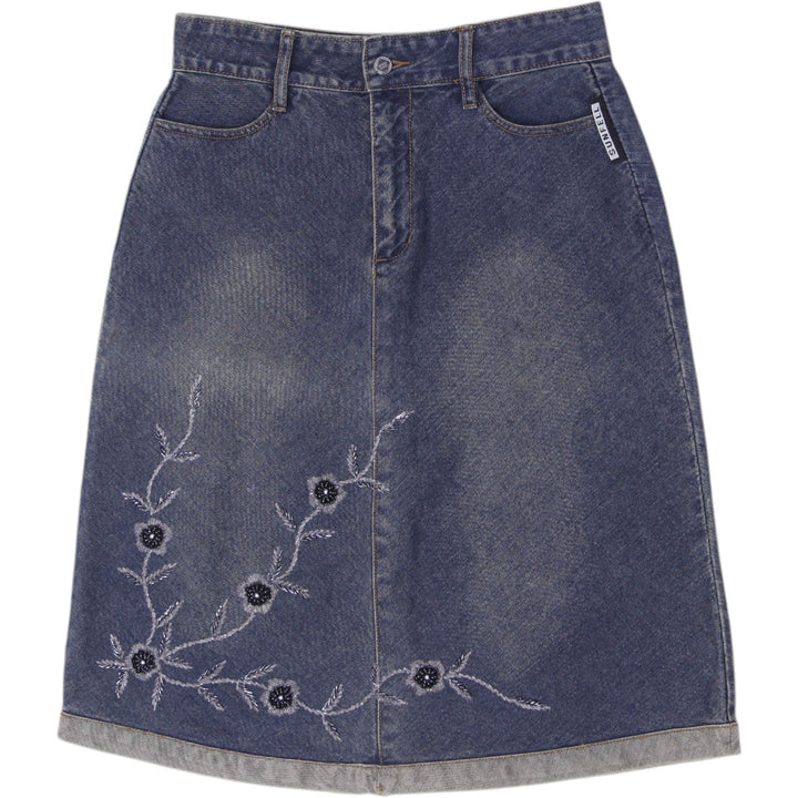 Vintage Ladies Helen Floral Embroidered A-Line Denim Midi Skirt