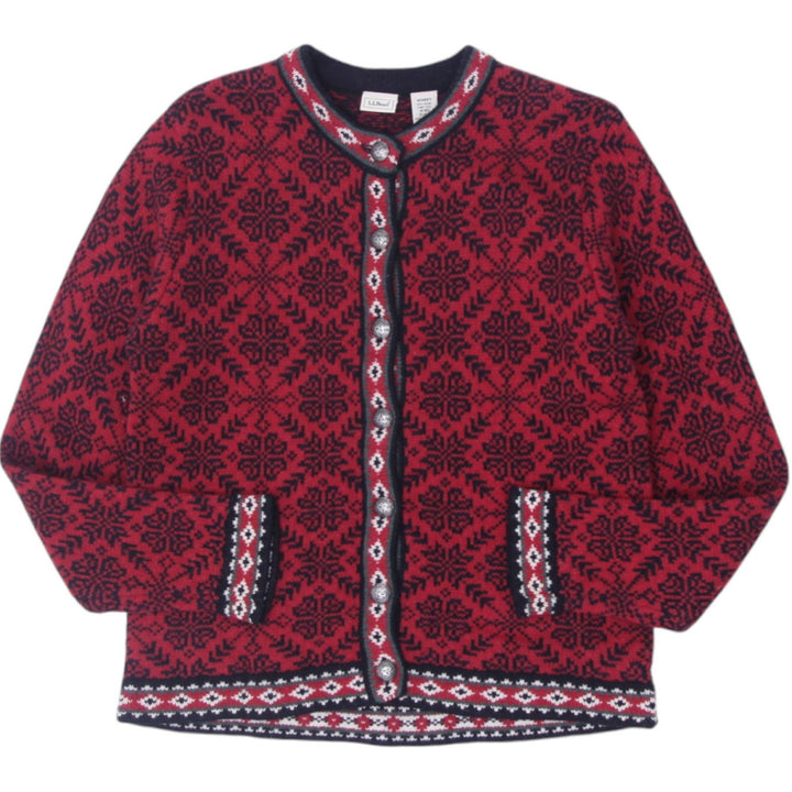 Vintage Ladies L.L. Bean Red Black Merino Wool Nordic Cardigan Sweater M | Migration_Jumper & Knitwear | Fashion Rerun