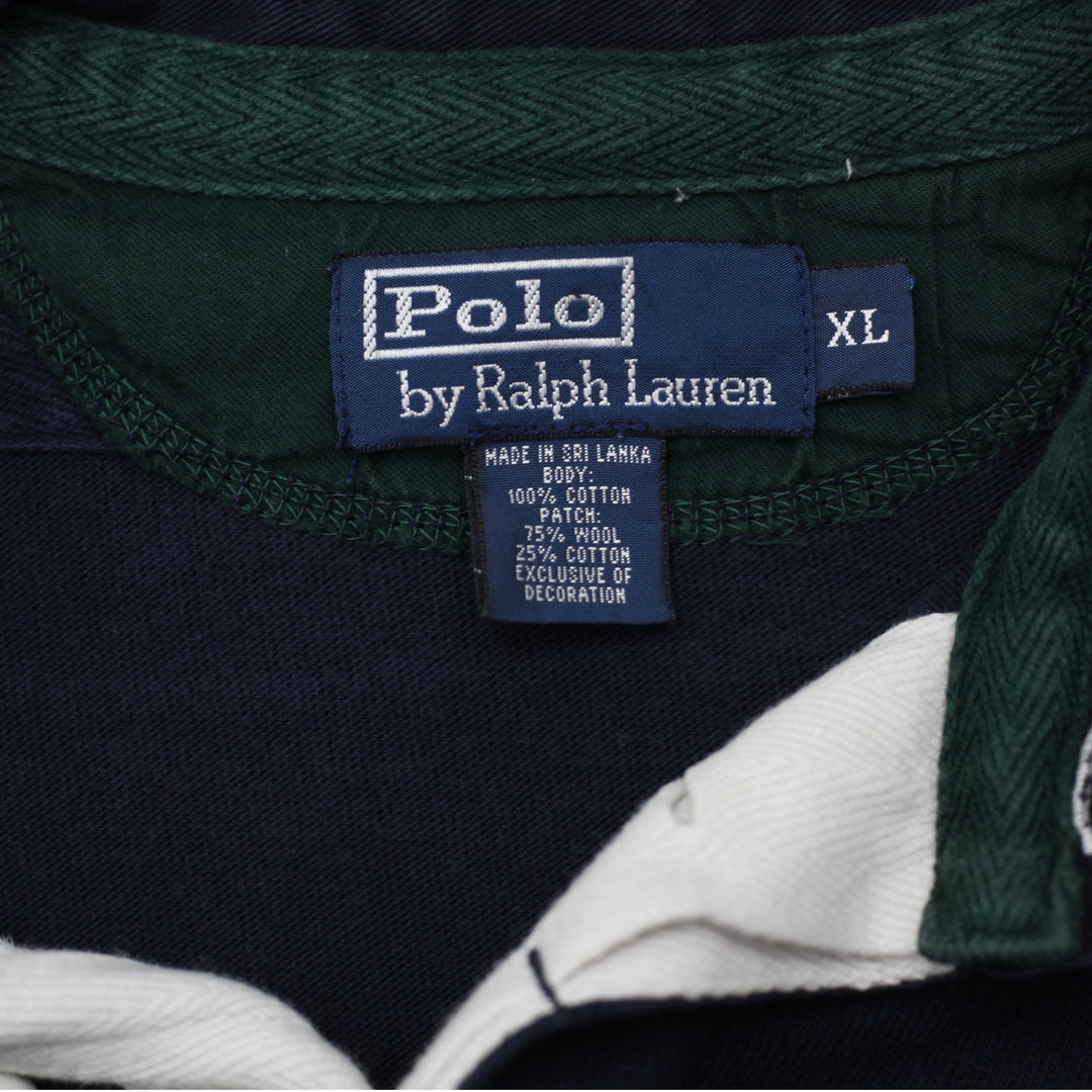 Vintage 90s Polo Ralph Lauren Men's XL Navy Blue Rugby Shirt Lion Crest Patch Long Sleeve