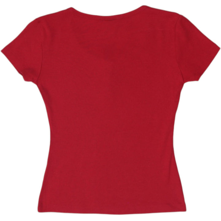 Y2K Ladies Guess Red Ribbed Button Henley T-Shirt Size M