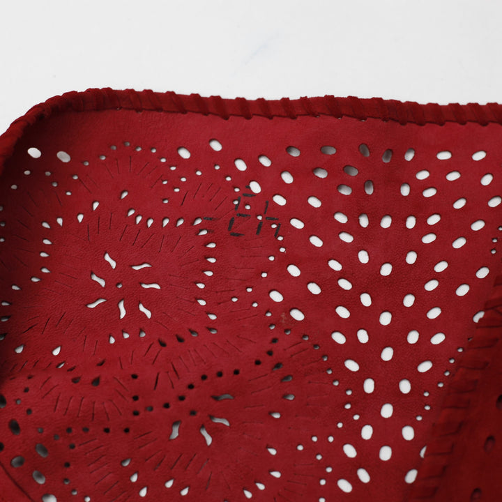 Vintage Ladies Red Faux Suede Laser Cut Fringed Triangle Shawl