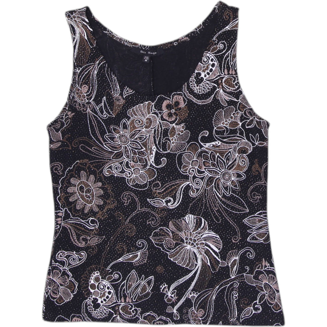 Y2K Ladies Blu Sage Metallic Shimmer Floral Sleeveless Tank Top Size M