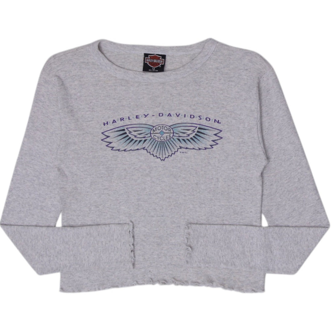 Ladies Harley Davidson Heather Gray Lettuce Edge Long Sleeve Top Graphic