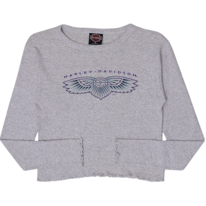 Ladies Harley Davidson Heather Gray Lettuce Edge Long Sleeve Top Graphic