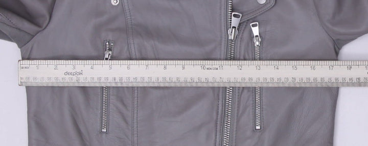 Y2K Ladies Gray Leather Zipper Motorcycle Biker Jacket Size 6 | Migration_Jackets - Back View | Fashion Rerun