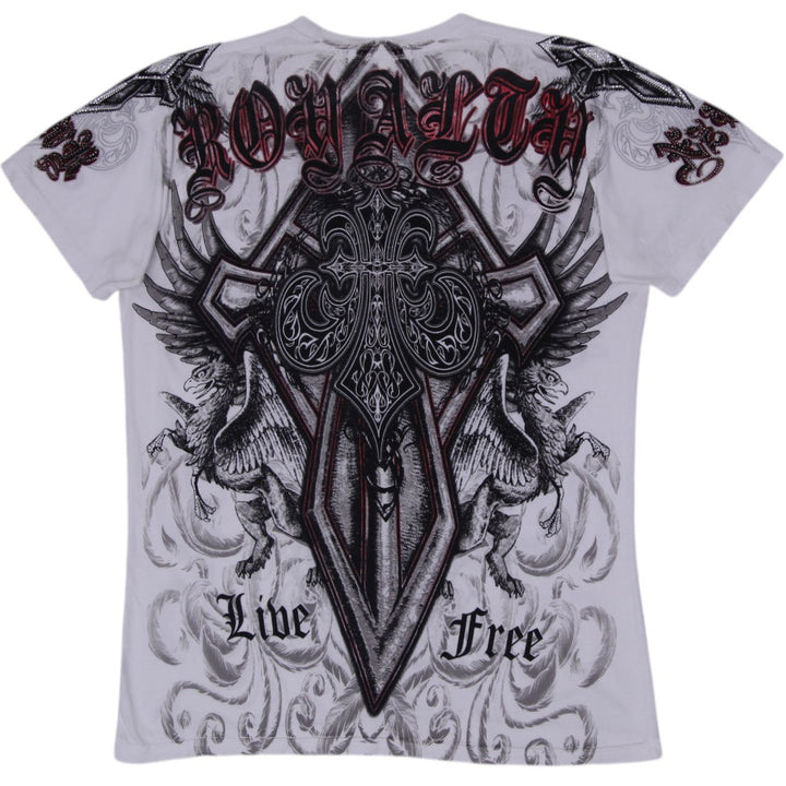 Y2K XZAVIER AXR Graphic T-Shirt White Cross Wings Rhinestone Gothic MMA Men's L
