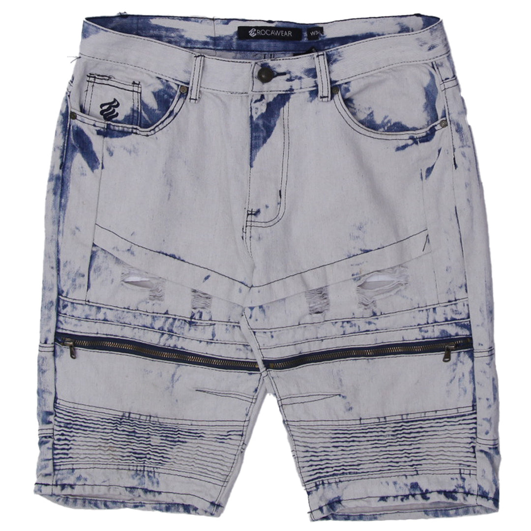 Men’s Rocawear ripped acid wash denim jorts with distressed detailing and vintage streetwear style