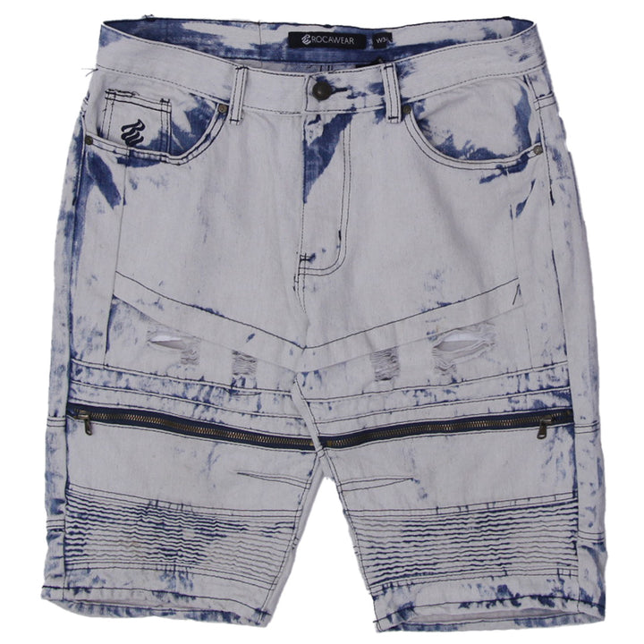 Men’s Rocawear ripped acid wash denim jorts with distressed detailing and vintage streetwear style