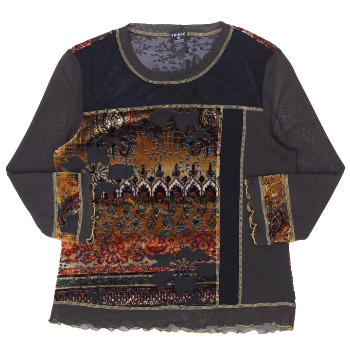 Y2K Tribal Mesh & Velvet Long Sleeve Top - Fashion Rerun Vintage Migration_Tops