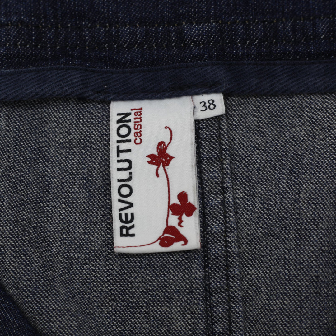 Y2K Ladies REVOLUTION Tailored Dark Wash Denim Waistcoat Vest Brown Trim EU 38