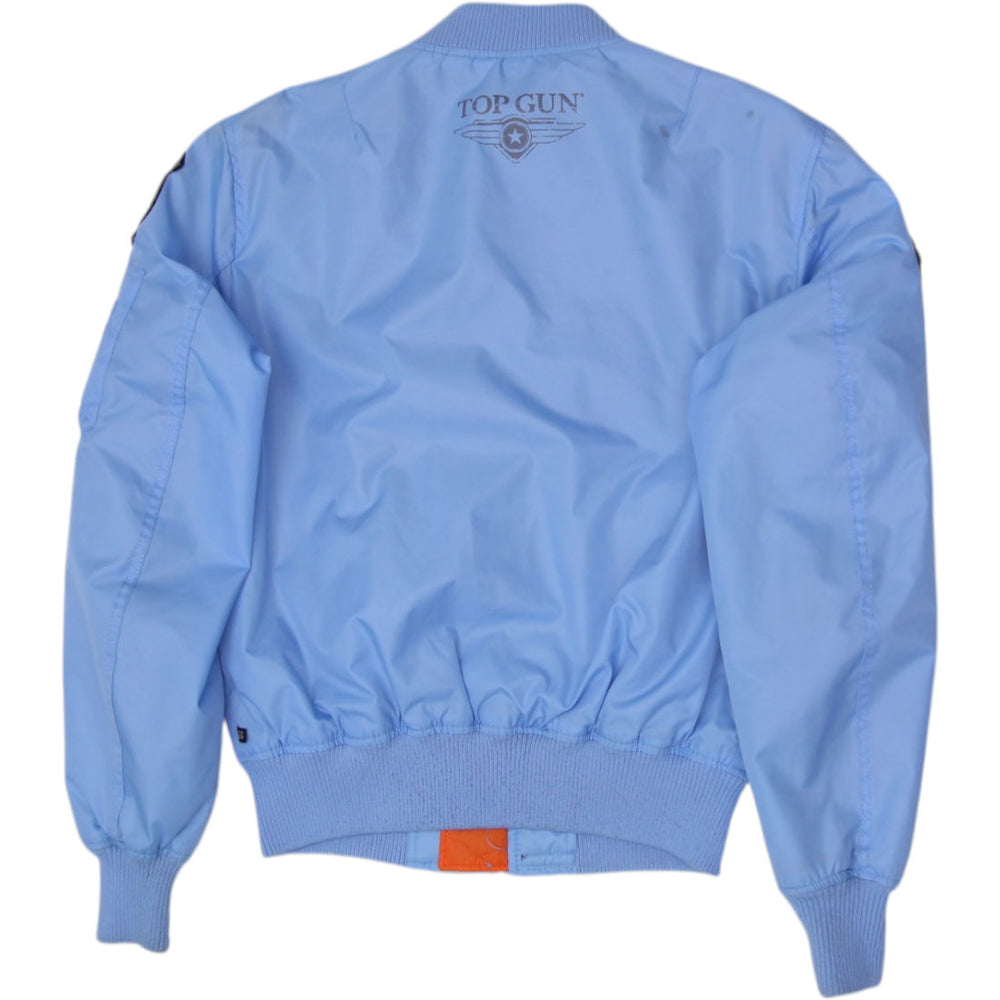 Vintage Mens Top Gun MA-1 Bomber Zipper Jacket Light Blue Patches S | Migration_Jackets - Side View | Fashion Rerun