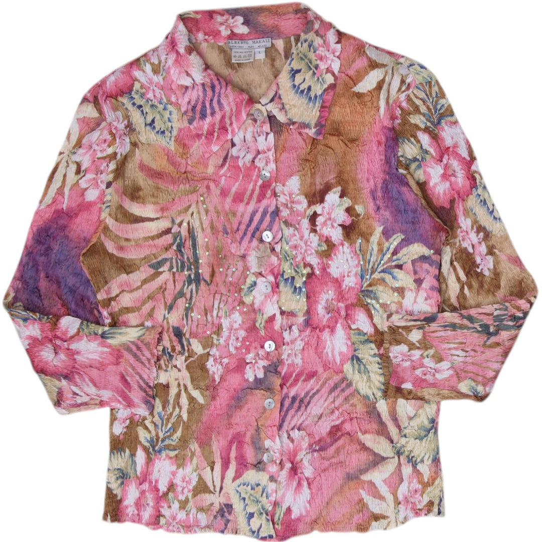 Y2K Ladies Alberto Makali Crinkle Floral Button Up Pink Tropical Top  Size L