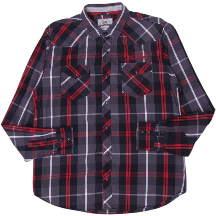 Y2K Mens Ed Hardy Shirt Plaid Red Gray Checkered Long Sleeve