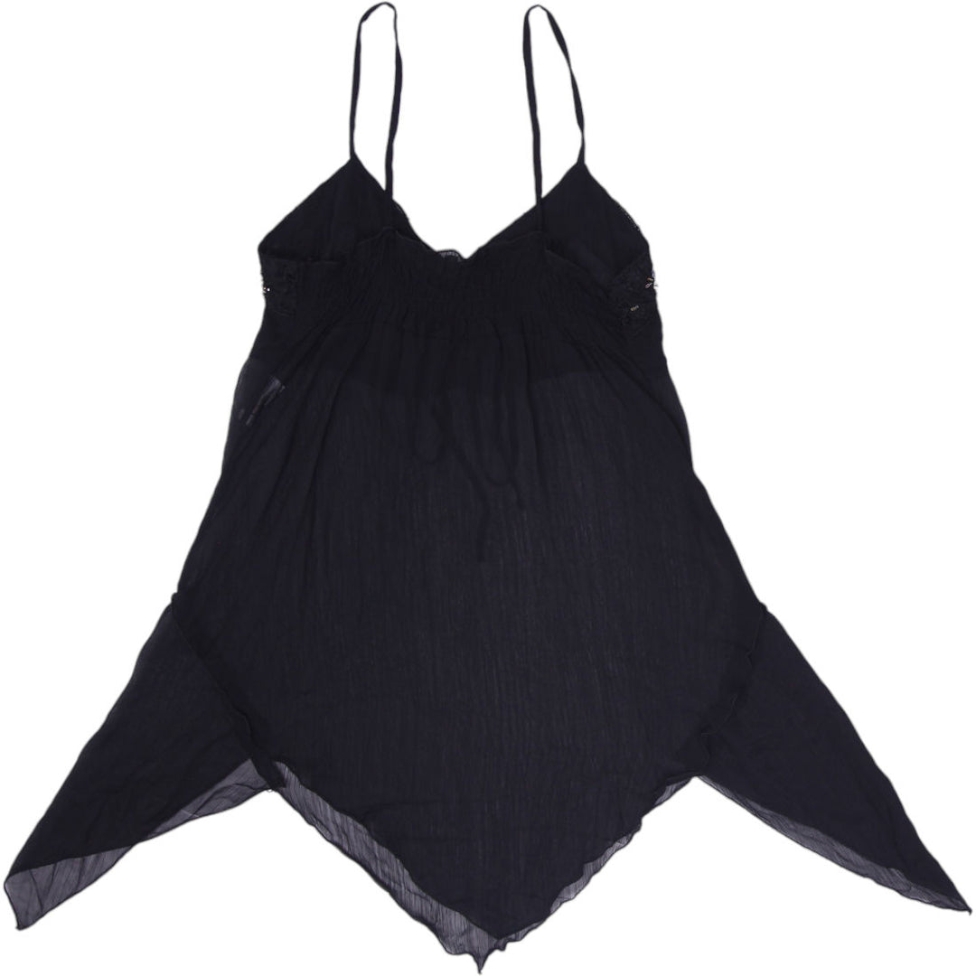 Y2K Ladies e-Woman Handkerchief Hem Black Tank Top Embroidered