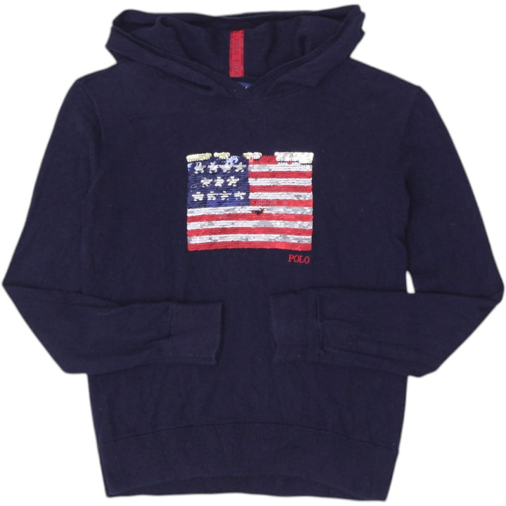 Vintage Youth Girls Polo Ralph Lauren Sequin Flag Cotton Navy Hoodie