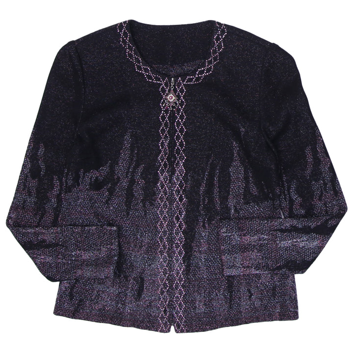 Ladies Zip Up Beaded Padded Shoulder Long Sleeve Sweater