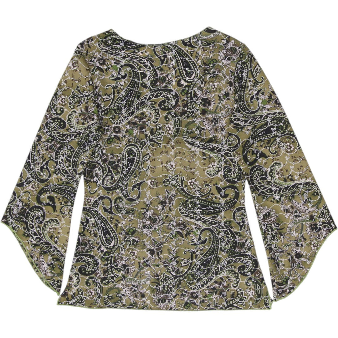 Y2K Ladies MKM Designs Olive Green Paisley Mesh Blouse Bell Sleeves Medium