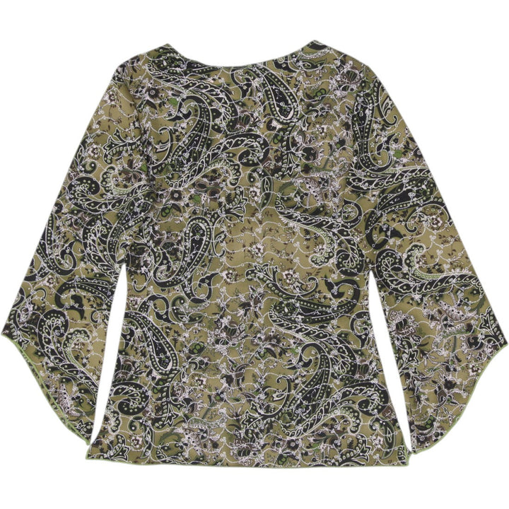 Y2K Ladies MKM Designs Olive Green Paisley Mesh Blouse Bell Sleeves Medium
