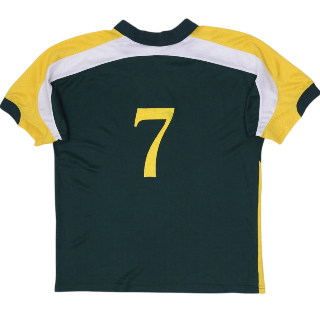 Vintage Mens Umbro Soccer Jersey Green Yellow V Neck Short Sleeve | Migration_Jerseys - Side View | Fashion Rerun