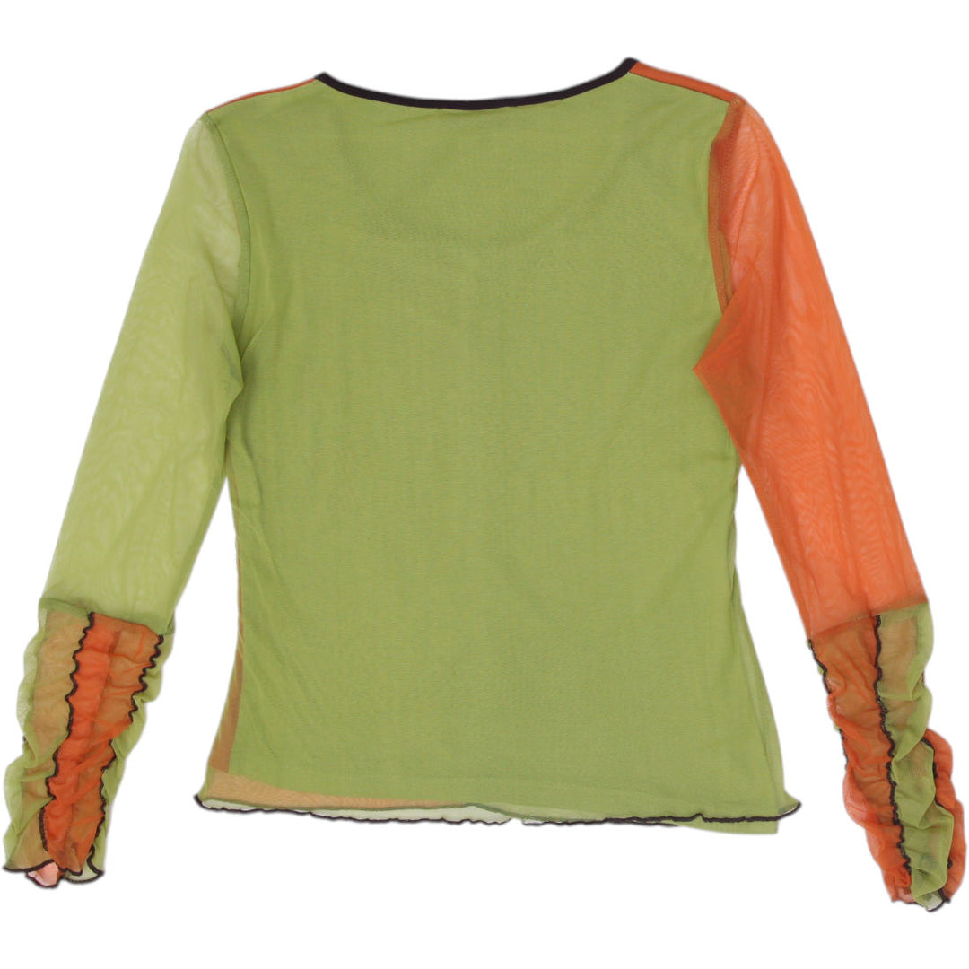 Y2K Ladies Figure Libre Color-Block Mesh Top Lime Green & Burnt Orange
