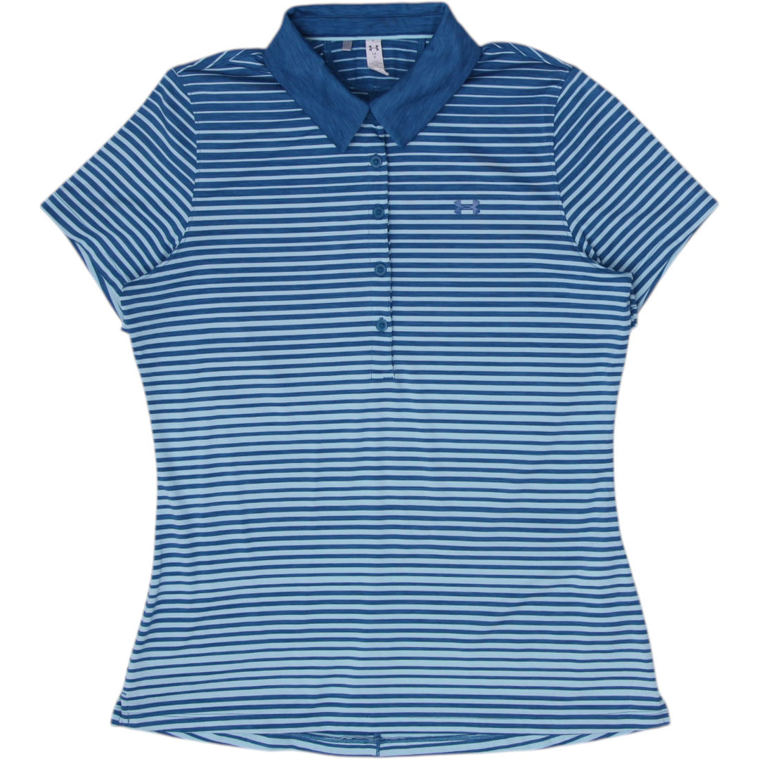 Ladies Under Armour Polo Blue Striped Short Sleeve Fitted Performance Size L